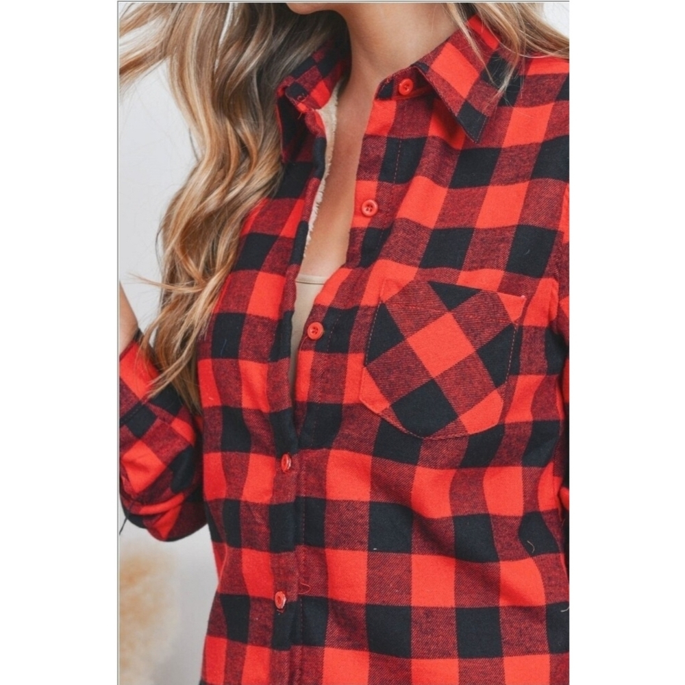 Check Me Out Sherpa Fleece Lined Plaid Flannel Shirt in Red & Black - Picture 3 of 11
